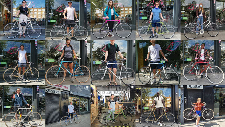 Happy customers outside The Hackney Peddler bike shop.
