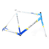 A Colnago Mapei Team frame, in blue and white, from the drive side