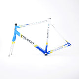 A Colnago Mapei Team frame, in blue and white, from the non-drive side