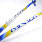 A Colnago Mapei Team frame, in blue and white, close up shot of some damage on the forks
