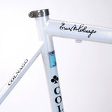 A Colnago Mapei Team frame, in blue and white, up close seat clamp