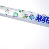 A Colnago Mapei Team frame, in blue and white, from the top tube zoomed in