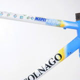 A Colnago Mapei Team frame, in blue and white, up close angle of the top tube and down tube