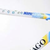 A Colnago Mapei Team frame, in blue and white, up close shot of the top tube and down tube second angle