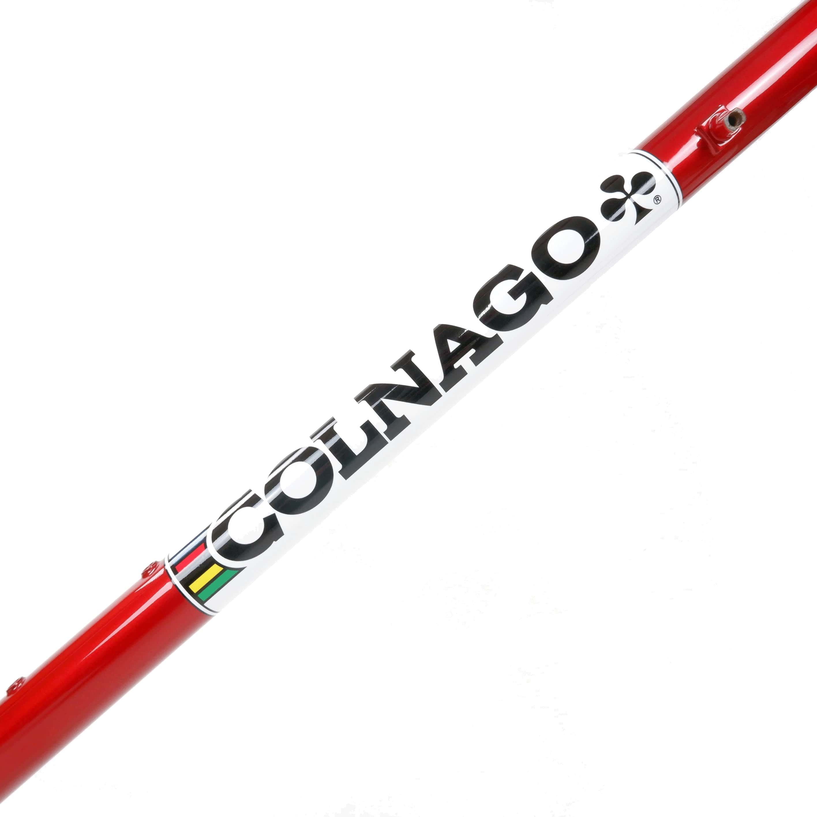 Colnago Super red and white frame, close up of down tube decals