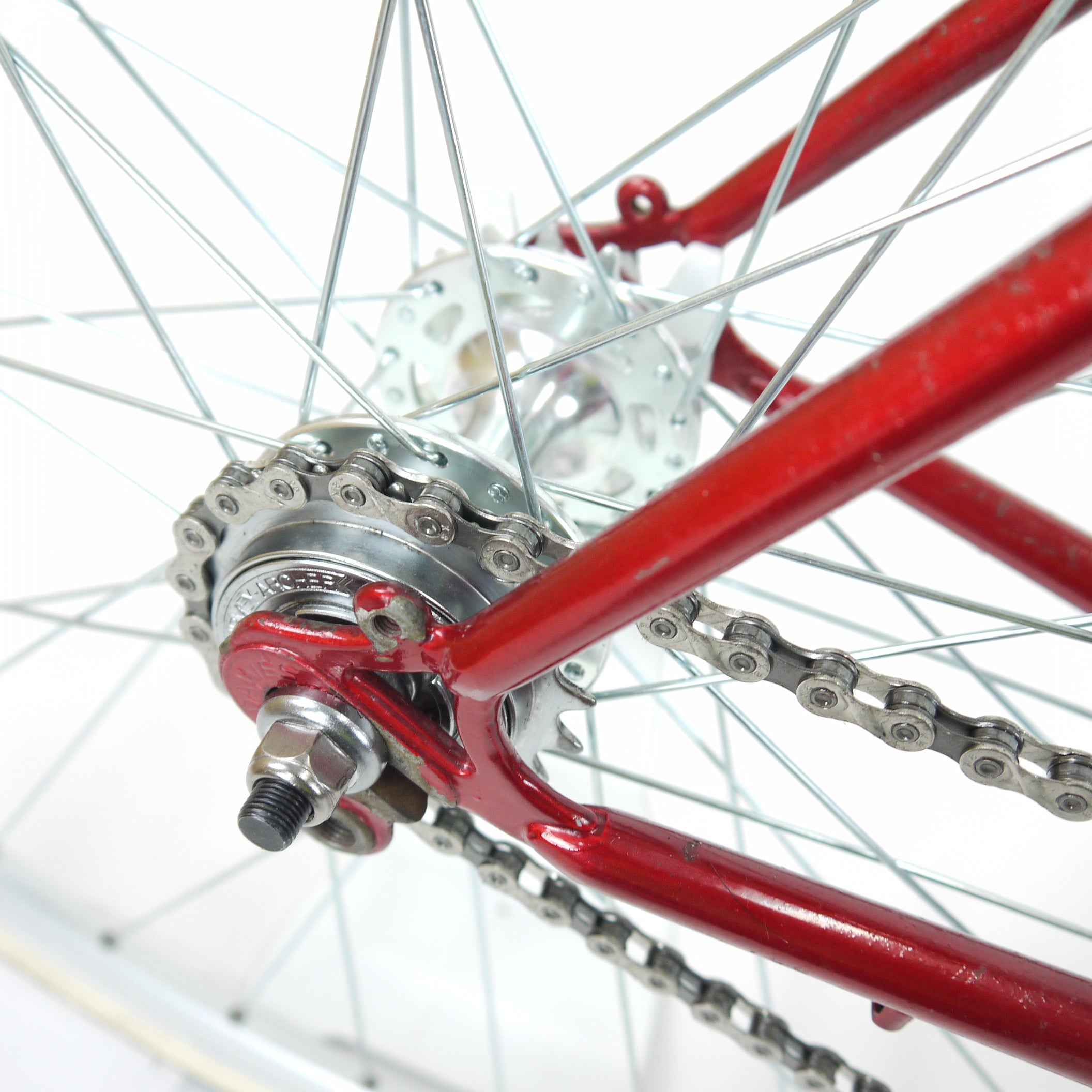 A red Dawes Mirage road bike's drop outs