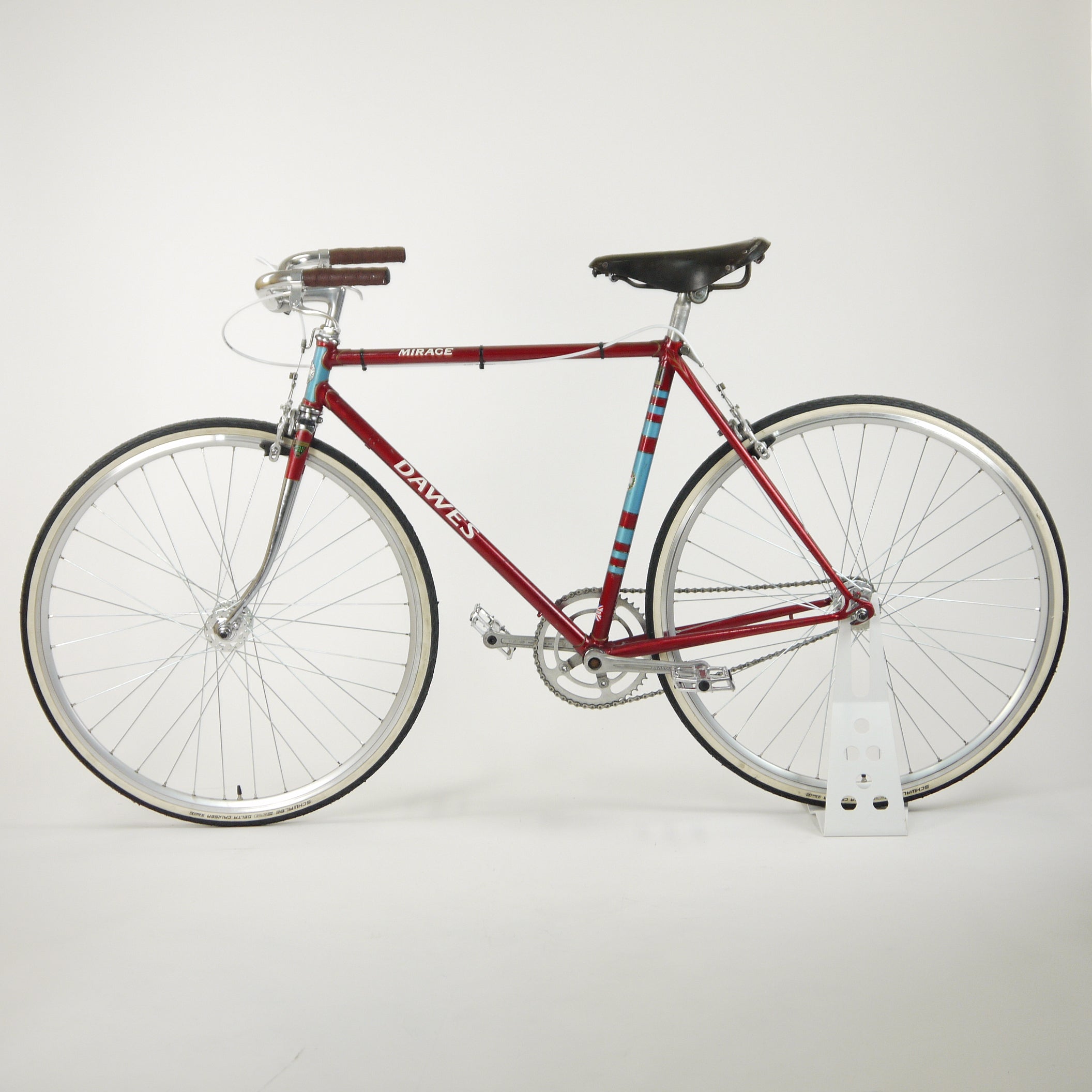 A red Dawes Mirage road bike's non-drive side