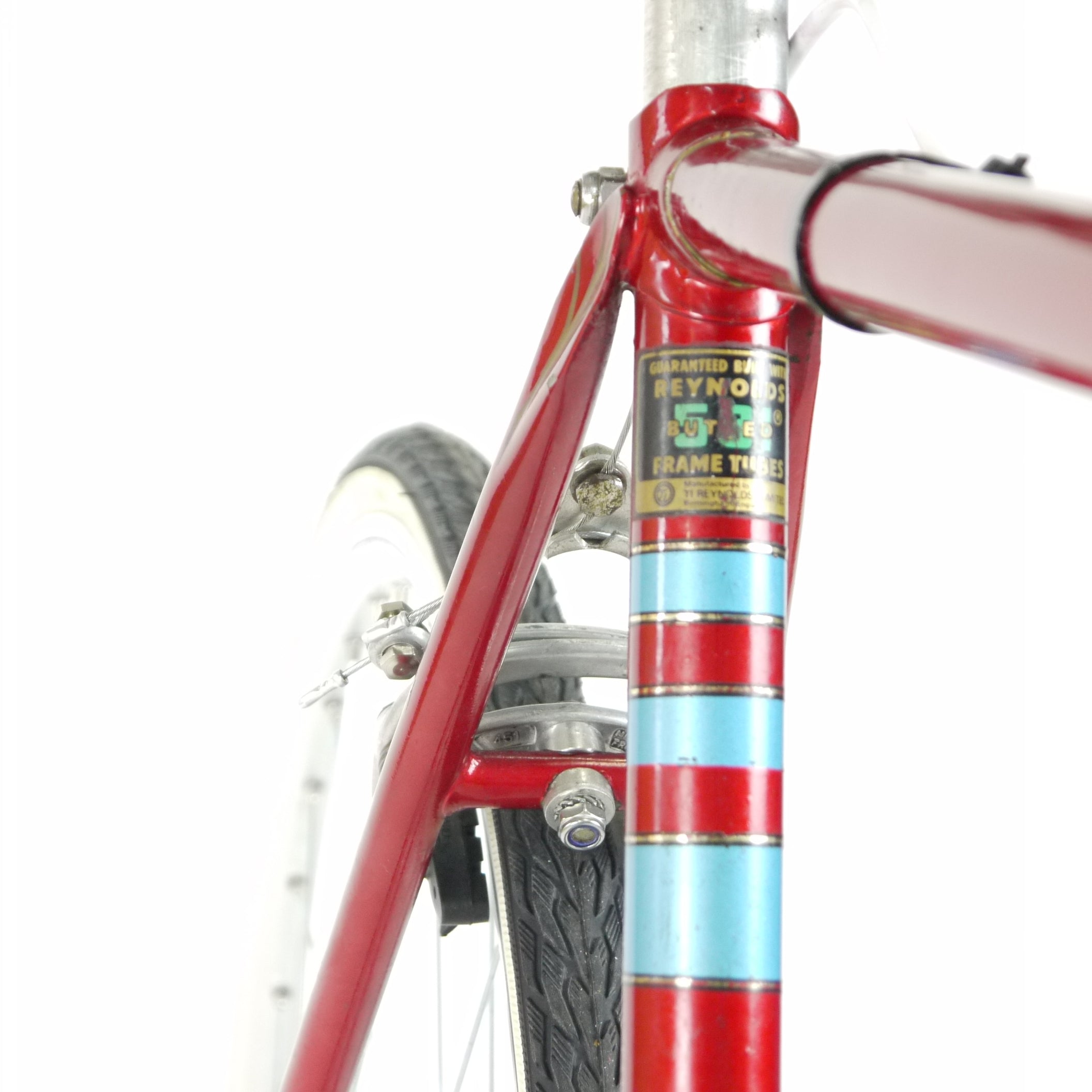 A red Dawes Mirage road bike's seat tube 
