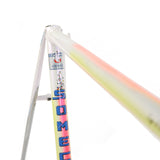 Somec white rainbow frame seat tube close-up