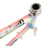Somec white rainbow frame top tube close-up